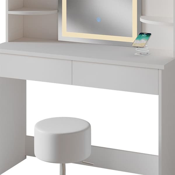 Vicco Charlotte sminkbord, Vit, 106 cm med LED-spegel, QI-laddare och pall