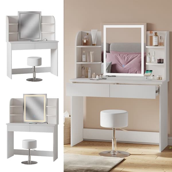 Vicco Charlotte sminkbord, Vit, 106 cm med LED-spegel, QI-laddare och pall