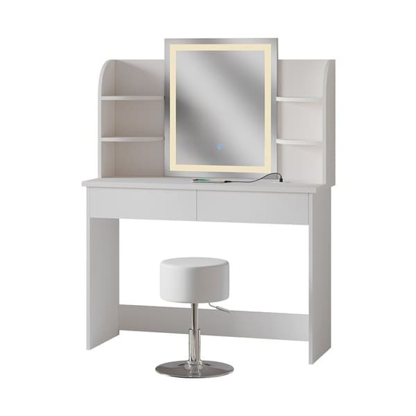 Vicco Charlotte sminkbord, Vit, 106 cm med LED-spegel, QI-laddare och pall
