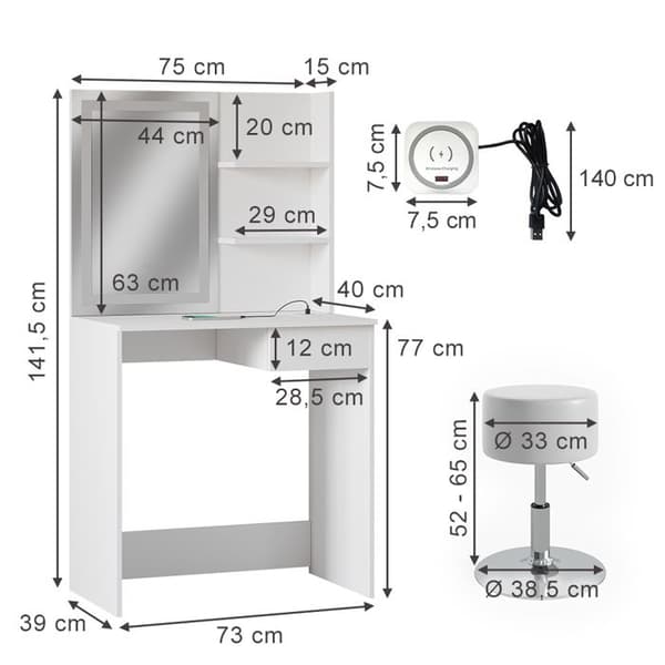 Vicco Dekos sminkbord, Vit, 75 cm med LED-spegel, QI-laddare och pall