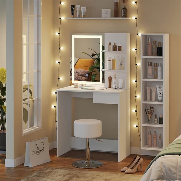 Vicco Dekos sminkbord, Vit, 75 cm med LED-spegel, QI-laddare och pall