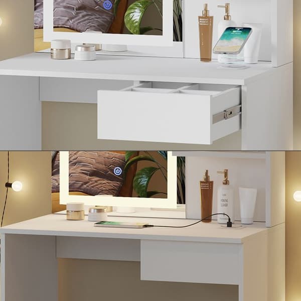 Vicco Dekos sminkbord, Vit, 75 cm med LED-spegel, QI-laddare och pall