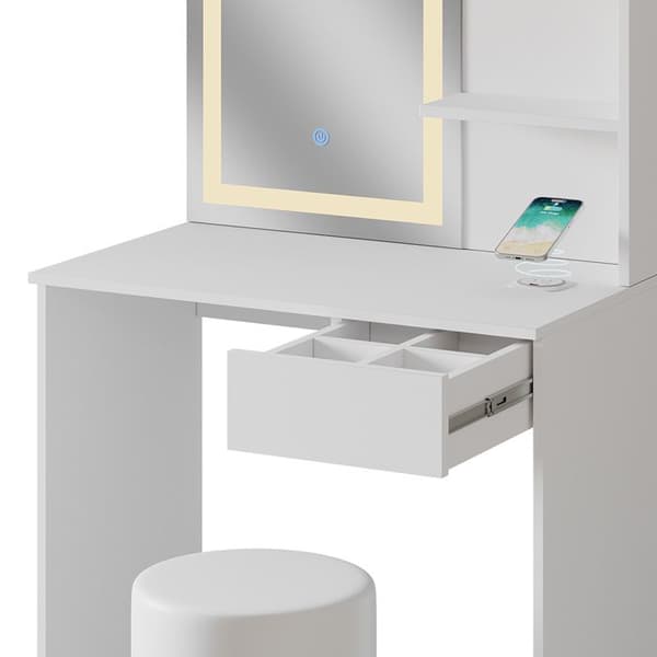 Vicco Dekos sminkbord, Vit, 75 cm med LED-spegel, QI-laddare och pall
