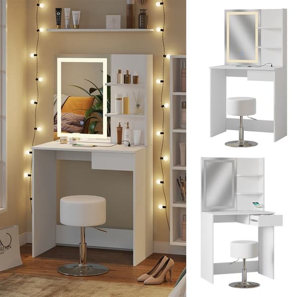 Vicco Dekos sminkbord, Vit, 75 cm med LED-spegel, QI-laddare och pall