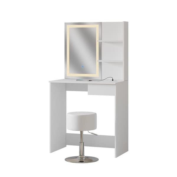 Vicco Dekos sminkbord, Vit, 75 cm med LED-spegel, QI-laddare och pall