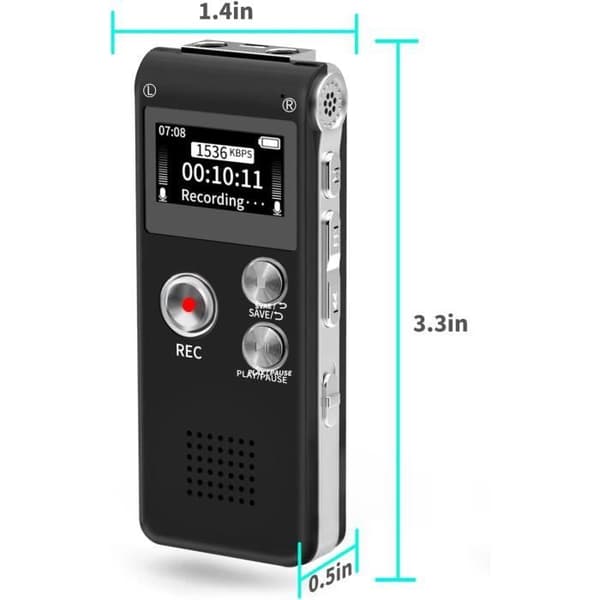 Fikyra 16GB Digital Voice Recorder Dictafon, USB-laddningsbar och 30 timmars inspelning, Digital ljudspelare och MP3, för