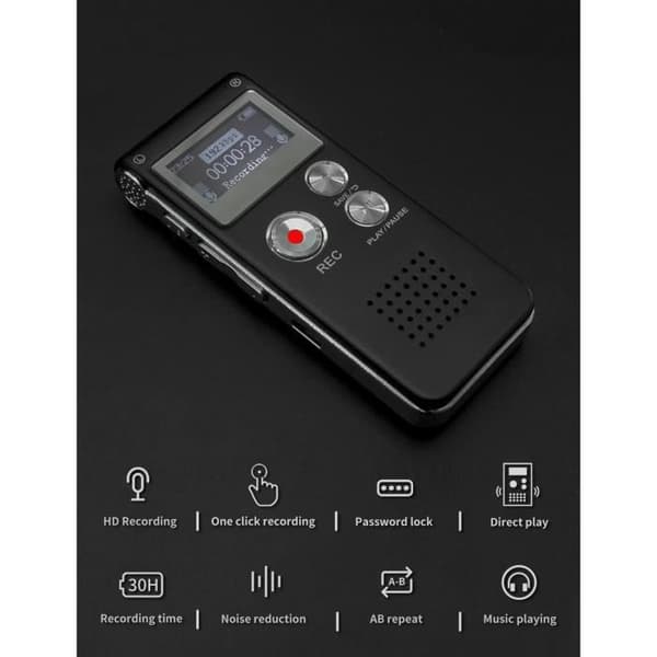 Fikyra 16GB Digital Voice Recorder Dictafon, USB-laddningsbar och 30 timmars inspelning, Digital ljudspelare och MP3, för