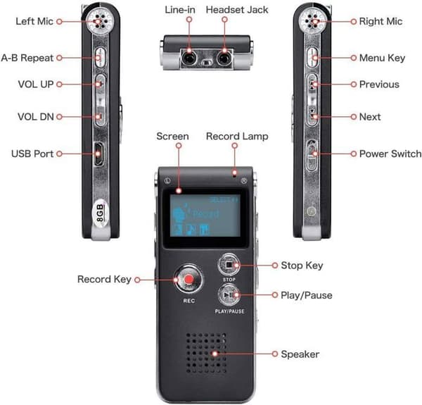 Dictaphone - Ej specificerad - Digital Röstinspelare - 8 GB - Dubbel Mikrofon - Bärbar