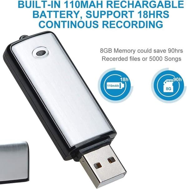 Digital Dictaphone - Podazz - Röstinspelare 8 Go - USB-uppladdningsbar - 18 timmars inspelning