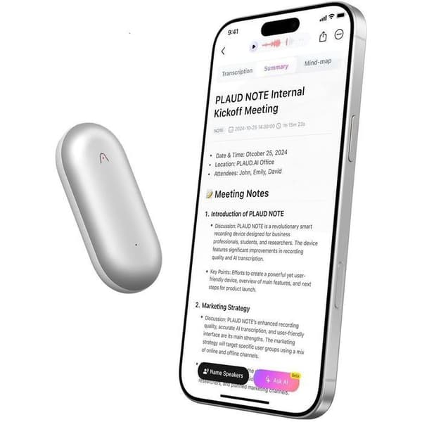 PLAUD NotePin AI röstinspelare med kit, stöd för transkribering och sammanfattning