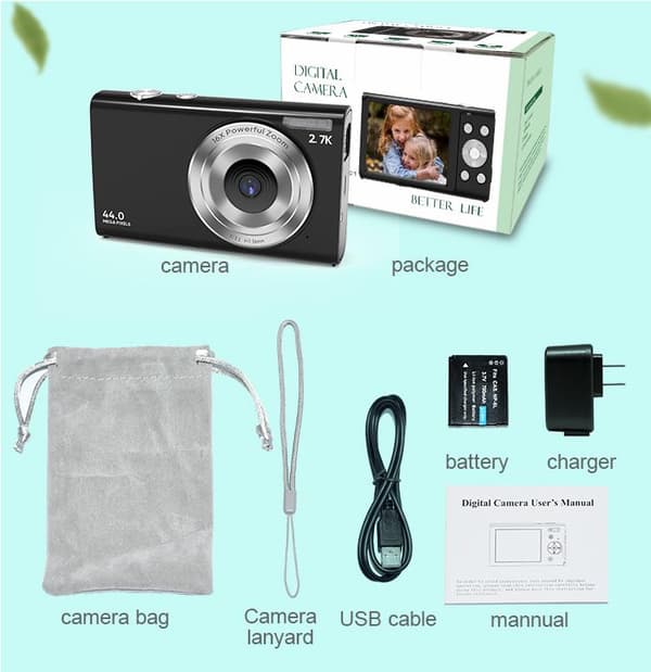 INF Digitalkamera 2.7K/44MP/16x Zoom/Anti-Shake/Webcam Svart