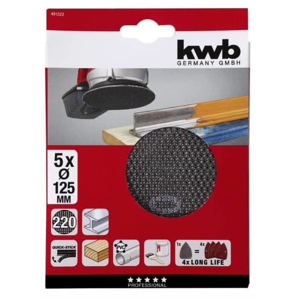 kwb Slippskiva för excenterslipmaskin Diameter 125 mm, korn 220 för gips och Rigips, 1 styck, - 491322