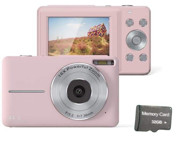 INF Digitalkamera 44MP/1080P/16X med digital zoom/fyllnadsljus/32GB kort Rosa