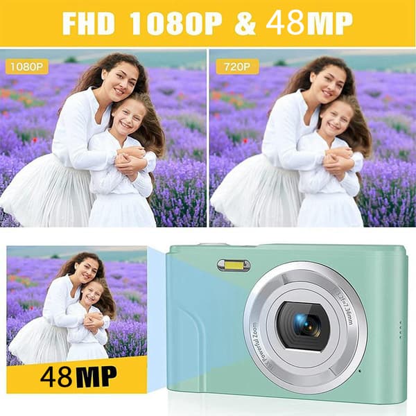 INF Digitalkamera med 48 MP, HD 1080p, 16x zoom, minnekort