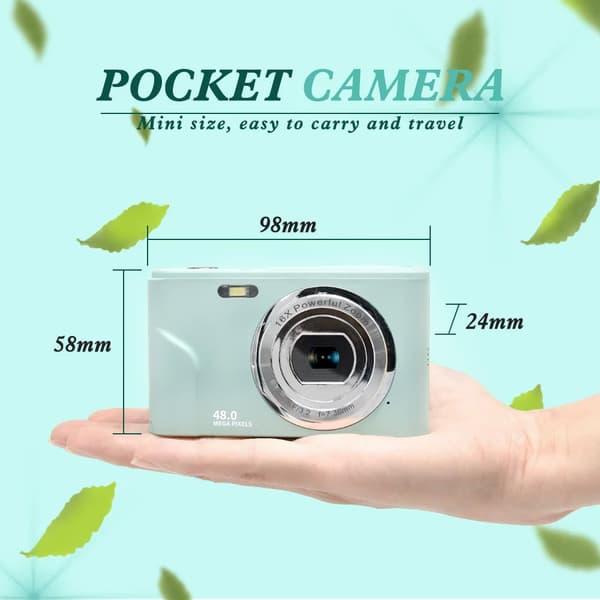 INF Digitalkamera med 48 MP, HD 1080p, 16x zoom, minnekort