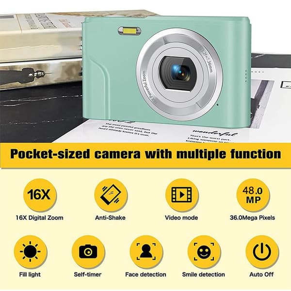 INF Digitalkamera med 48 MP, HD 1080p, 16x zoom, minnekort