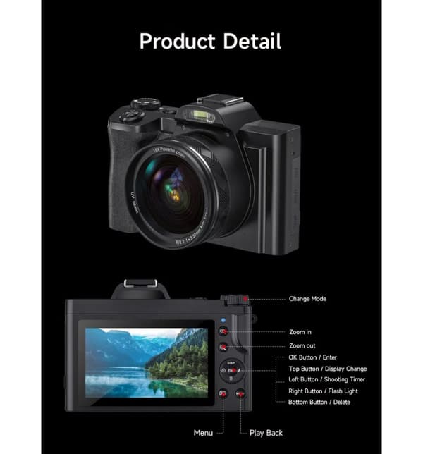 INF Digitalkamera 4K, 48MP, CMOS, 16x zoom, selvudløser