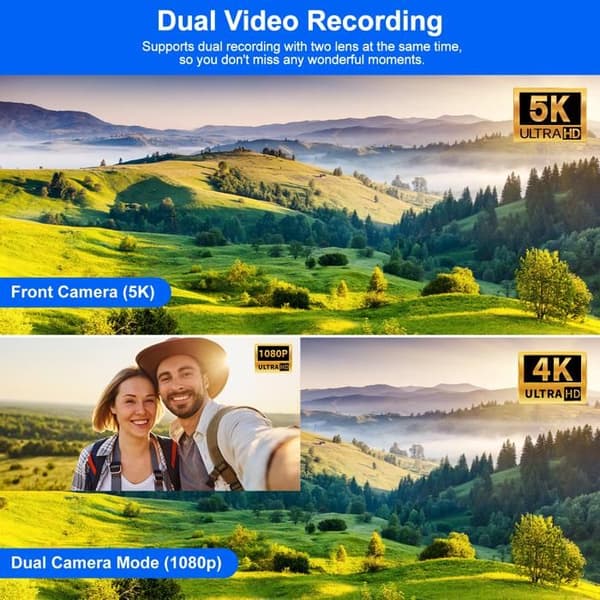 4K+1080P UHD-videokamera främre bakre dubbellins 56MP WiFi videokamera med mikrofon