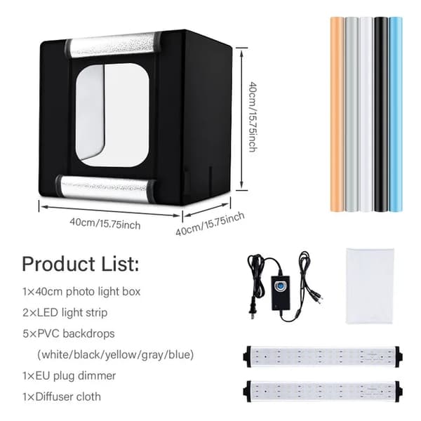 Foto Ljuslåda, LED-ljuslåda, 5 bakgrunder, 80cm fotobox