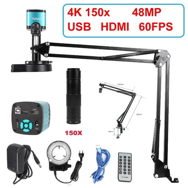 48MP 4K HDMI USB Digitalt Mikroskop, 60FPS, 180X Linse med LED-lys,150x Linsebeslag