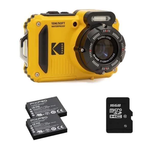 KODAK Pixpro Pack WPZ2 + 2 batterier + 1 SD-kort - Kompakt 16MP, vattentät till 15m, Anti-Shock, 720p video, LCD-skärm - Gul Gul