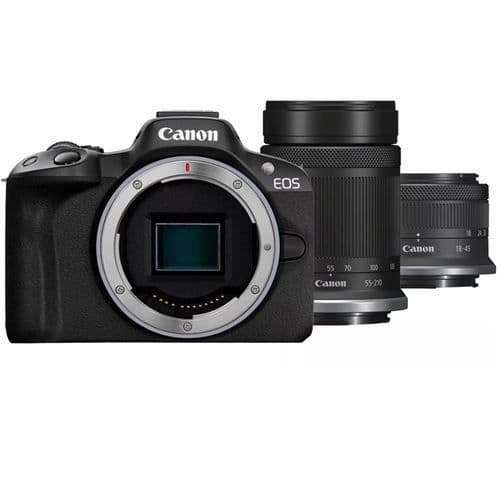 Canon spegellös kamera EOS R50 + RF-S 18-45 mm f/4.5-6.3 IS STM + RF-S 55-210 mm f/5-7.1 IS STM - 4549292205060 Svart