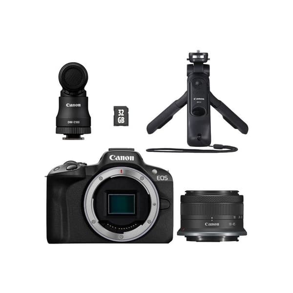 Canon Hybrid Camera Creator Kit EOS R50 + RF-S 18-45 mm f/4.5-6.3 IS STM + Micro DM-E100 + Stativhandtag Svart