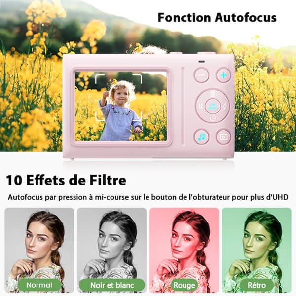 Campark Compact Digital Camera - 4K HD 64MP kamera, 2,4" LCD uppladdningsbar barnkamera med 16X zoom (rosa)