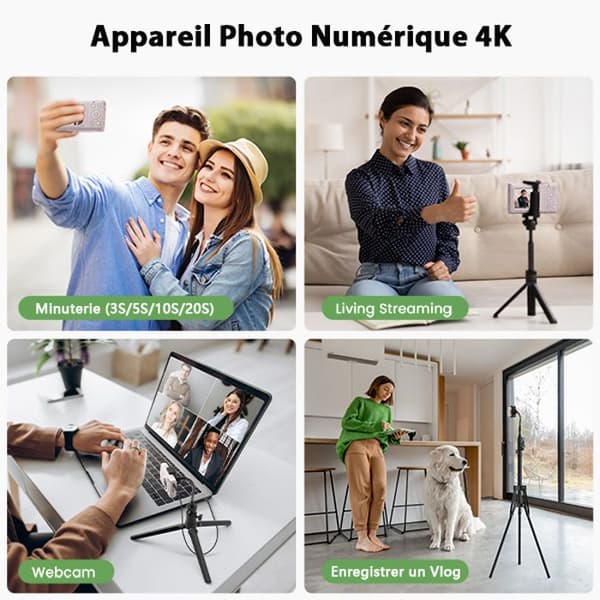 Campark Compact Digital Camera - 4K HD 64MP kamera, 2,4" LCD uppladdningsbar barnkamera med 16X zoom (rosa)