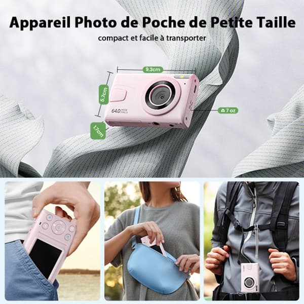 Campark Compact Digital Camera - 4K HD 64MP kamera, 2,4" LCD uppladdningsbar barnkamera med 16X zoom (rosa)