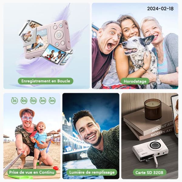 Campark Compact Digital Camera - 4K HD 64MP kamera, 2,4" LCD uppladdningsbar barnkamera med 16X zoom (rosa)