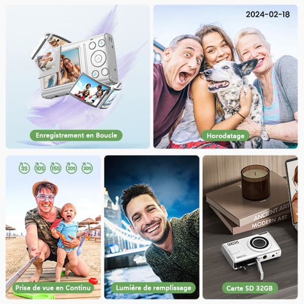 Campark Compact Digital Camera - 4K HD 64MP kamera, 2,4" LCD uppladdningsbar barnkamera med 16X zoom (vit)
