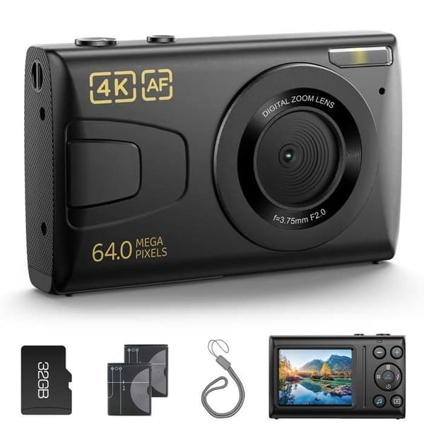 Campark kompakt digitalkamera - 4K HD 64MP kamera, 2,4" LCD uppladdningsbar barnkamera med 16X zoom (svart)