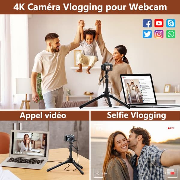 Campark Compact Digital Camera 4K 64MP Autofokus Dubbelbatteri Micro SD-kort 64G Uv-objektiv 3" Makro