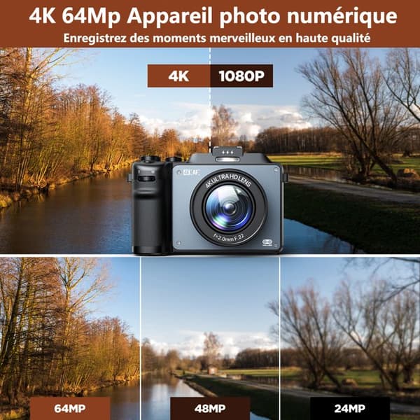 Campark Compact Digital Camera 4K 64MP Autofokus Dubbelbatteri Micro SD-kort 64G Uv-objektiv 3" Makro