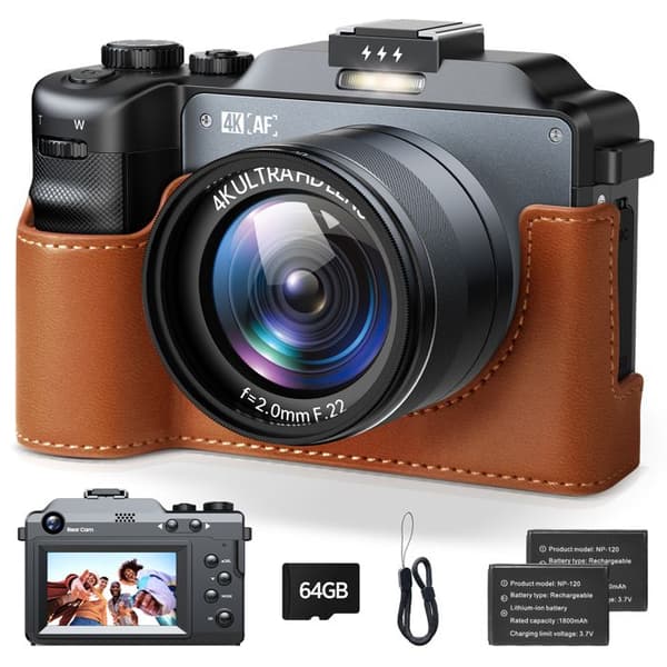 Campark Compact Digital Camera 4K 64MP Autofokus Dubbelbatteri Micro SD-kort 64G Uv-objektiv 3" Makro