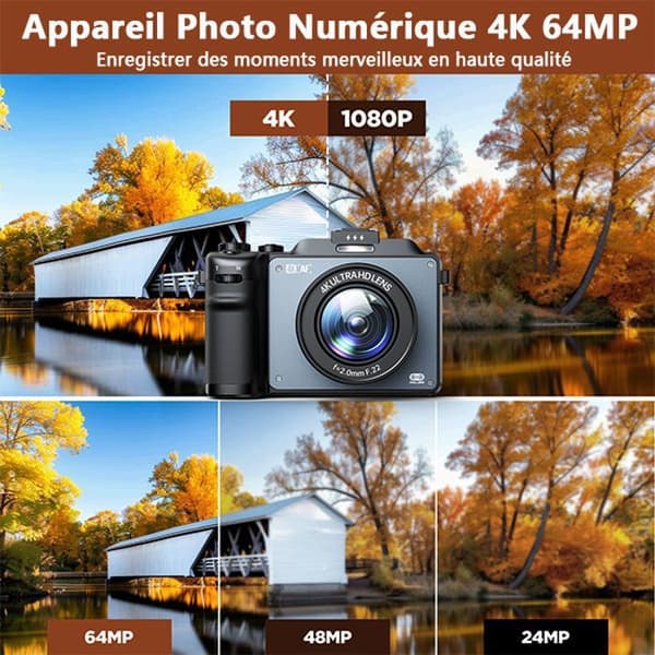 Kompakt 4K 64MP digitalkamera Campark Autofokus 3″ kamera LCD-skärm Micro SD 64G-kort Dubbelt batteri