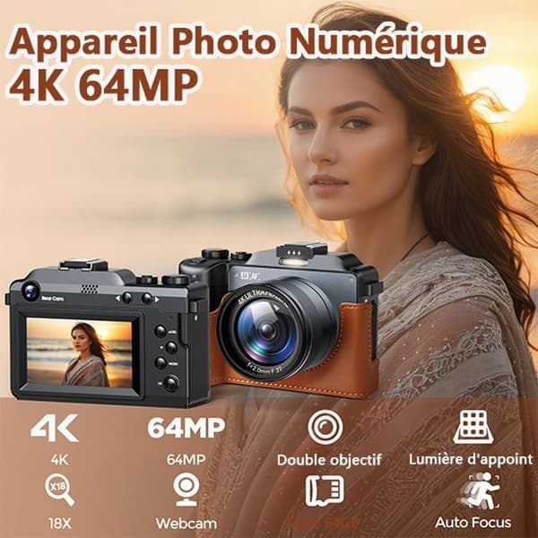Kompakt 4K 64MP digitalkamera Campark Autofokus 3″ kamera LCD-skärm Micro SD 64G-kort Dubbelt batteri