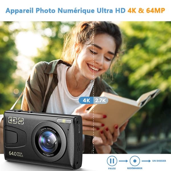 Campark Compact 4K 64MP digitalkamera 2,4" LCD uppladdningsbar kamera med 32 GB SD-minneskort (svart)