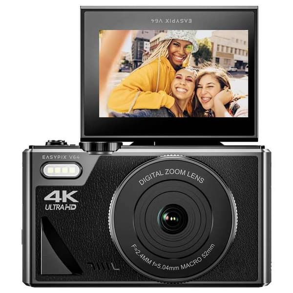 Easypix V64 Flip Digitalkamera 13 Mill. svart pixel inbyggt batteri, WiFi, 4K-video, Full HD-video