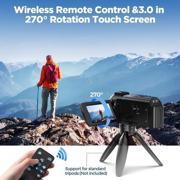 JEEMAK 4K Videokamera 48MP Vlogkamera för Youtube 3" roterande pekskärm Nattvision IR med 32 GB SD-kort