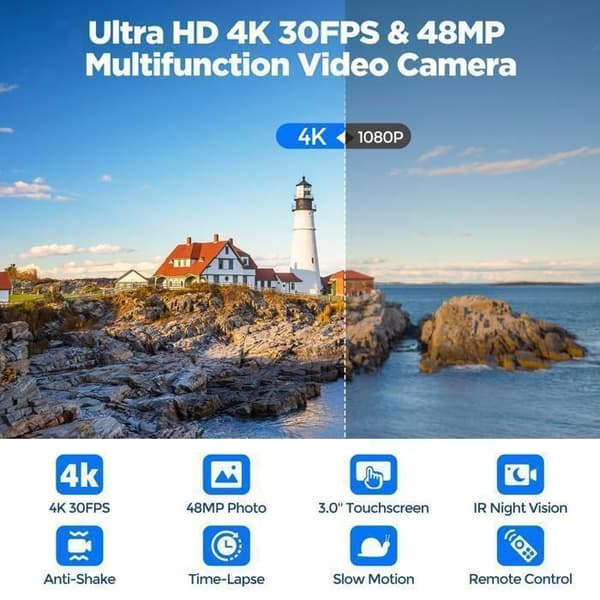 JEEMAK 4K Videokamera 48MP Vlogkamera för Youtube 3" roterande pekskärm Nattvision IR med 32 GB SD-kort