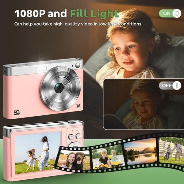 JEEMAK Kompakt Digitalkamera 1080P Videokamera 50MP, 2.8" LCD-skärm, 16X Zoom, Barn- och Ungdomskamera, Rosa