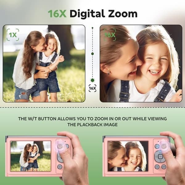 JEEMAK Kompakt Digitalkamera 1080P Videokamera 50MP, 2.8" LCD-skärm, 16X Zoom, Barn- och Ungdomskamera, Rosa