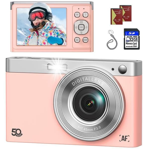 JEEMAK Kompakt Digitalkamera 1080P Videokamera 50MP, 2.8" LCD-skärm, 16X Zoom, Barn- och Ungdomskamera, Rosa