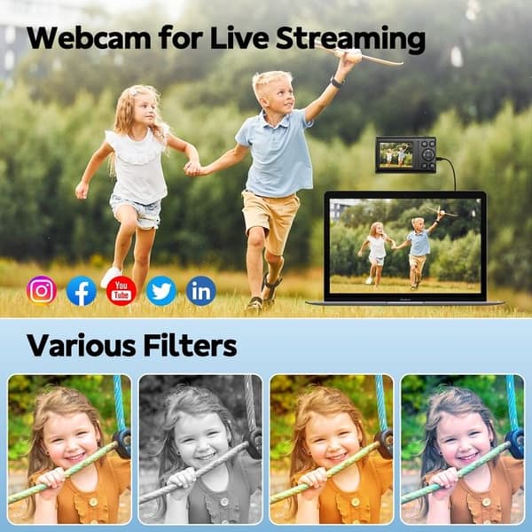 Kompakt Digitalkamera 4K 64MP Videokamera - 2,4" LCD-skärm - 18X zoom - Kamera för barn, tonåringar - Svart