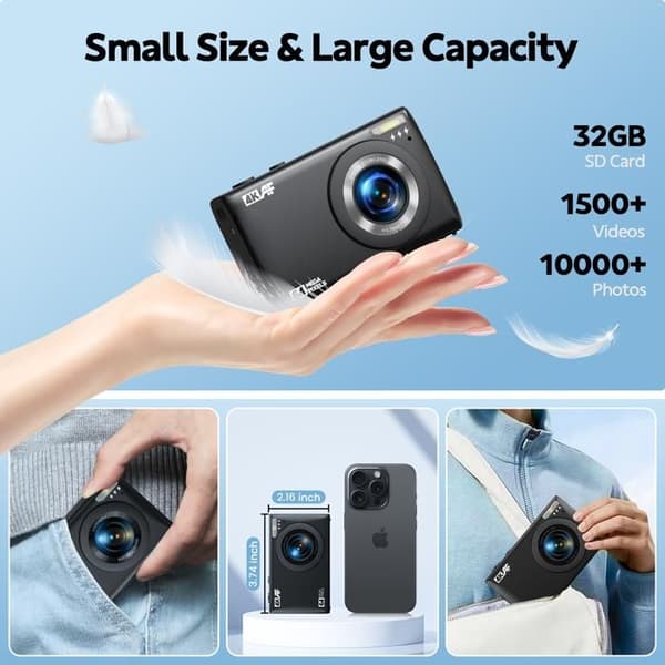 Kompakt Digitalkamera 4K 64MP Videokamera - 2,4" LCD-skärm - 18X zoom - Kamera för barn, tonåringar - Svart
