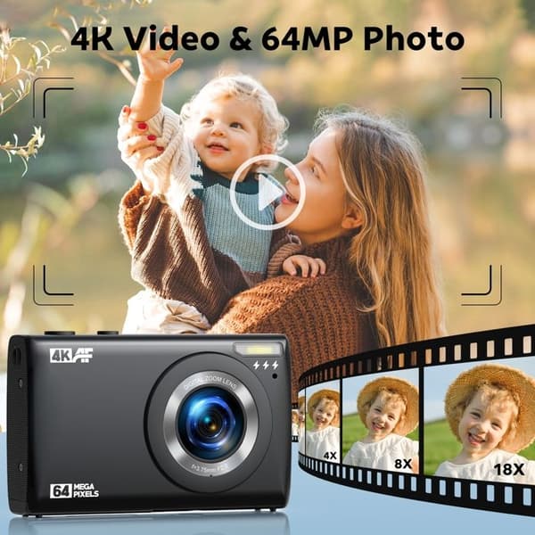 Kompakt Digitalkamera 4K 64MP Videokamera - 2,4" LCD-skärm - 18X zoom - Kamera för barn, tonåringar - Svart