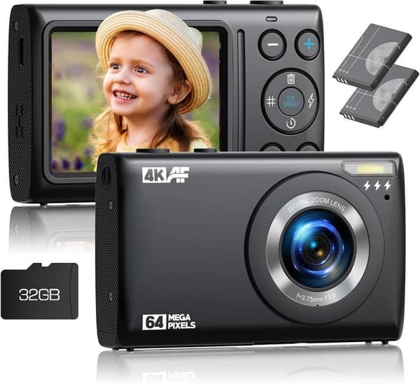 Kompakt Digitalkamera 4K 64MP Videokamera - 2,4" LCD-skärm - 18X zoom - Kamera för barn, tonåringar - Svart