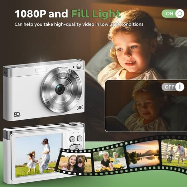 JEEMAK Kompakt Digitalkamera 1080P Videokamera 50MP, 2.8" LCD-skärm, 16X Zoom, Barn- och Ungdomskamera, Vit